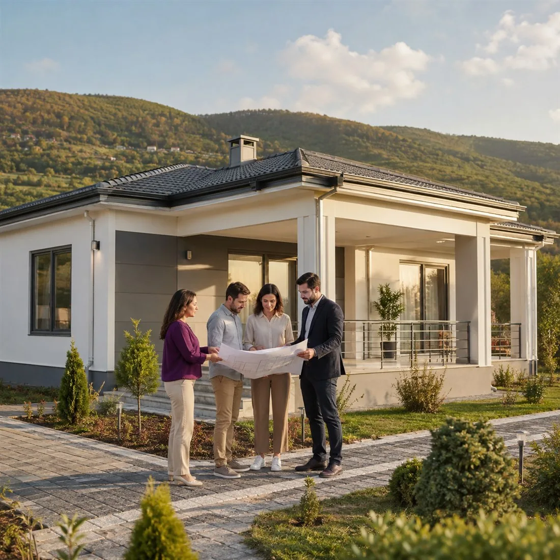 Modern hazır yapı projesini inceleyen ev sahipleri